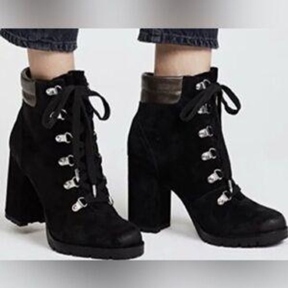 Sam Edelman Carolena Boots‎ Womens 9.5M Black Suede Excellent Block Heel Lace Up